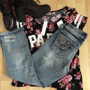 Denim Hydraulic Cropped Jeans Rhinestone Blinged Pocket